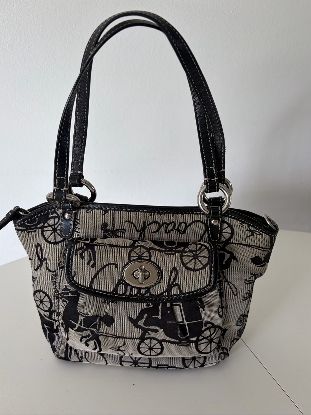 Coach Leah F14855 Horse & Carriage Black White Monogram Jacquard Satchel Bag Y2K